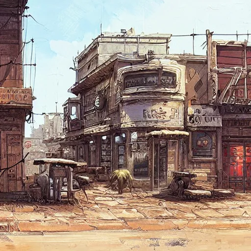 Prompt: from a movie scene, painting of a cyberpunk saloon exterior in old town, hr giger ian mcque