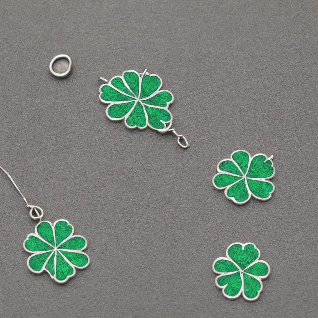 Image similar to Amulet Of Clover inlaid in silver light green colors, realistic, clean,