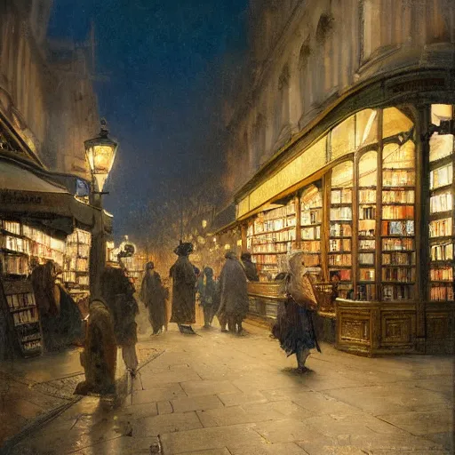 Image similar to jean-Baptiste Monge and Solomon Joseph Solomon and Richard Schmid and Jeremy Lipking victorian genre painting painting of an english 19th century english bookshop store front on a stone city streat with shops and stores at night with cozy lights