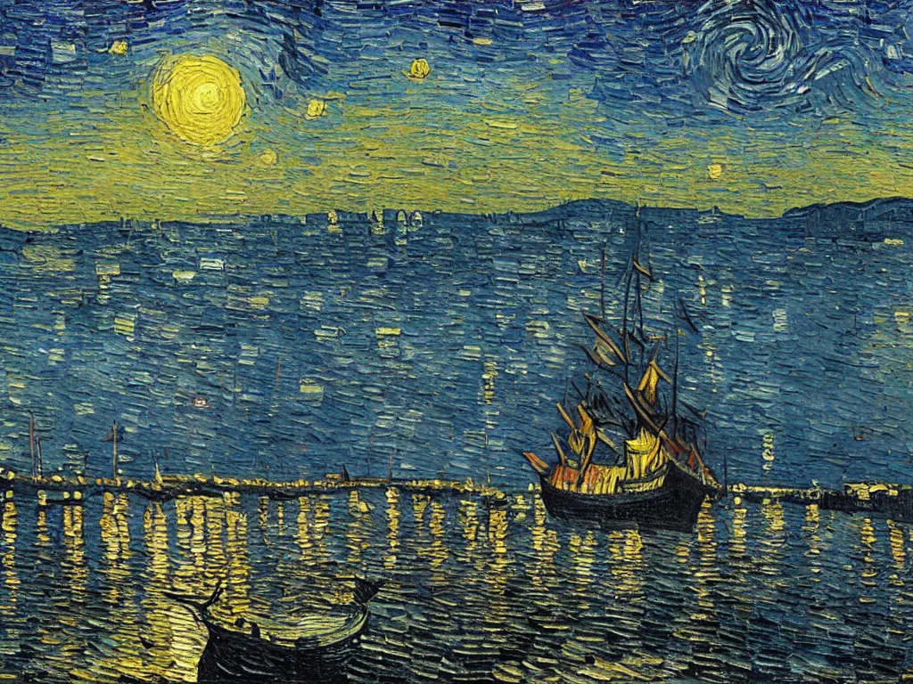 Prompt: oil painting of a viking longship invading new york harbor at night, light scatter, van gogh