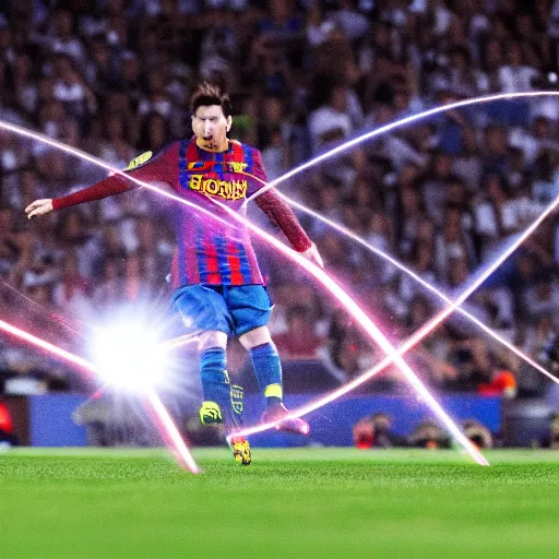 Prompt: a picture of messi in a soccer stadium, shooting a laser beam out of his hands