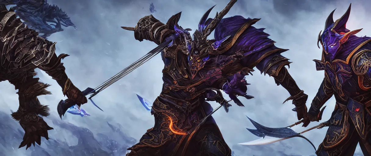 Image similar to a armored night elf hunter casting magic arrows with ravager wow pet lord dramatic lighting cinematic establishing shot extremely high detail foto realistic cinematic lighting post processed