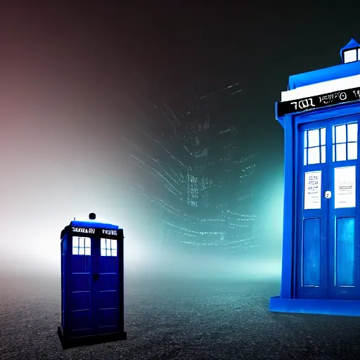 Image similar to a hyperdetailed photograph of the tardis sat on a futuristic street corner, night, dense fog, rain, hd, 8 k resolution