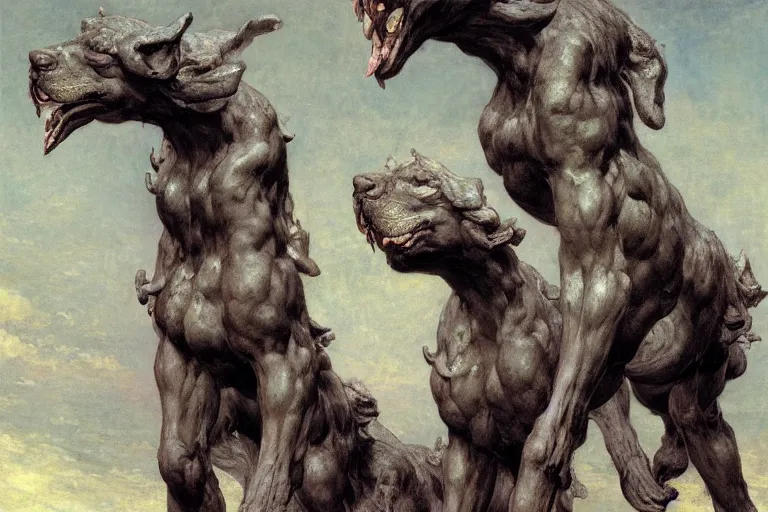 Image similar to hyperdetailed matte art of cerberus by william blake, ilya repin, amano, rene magritte, craig mullins