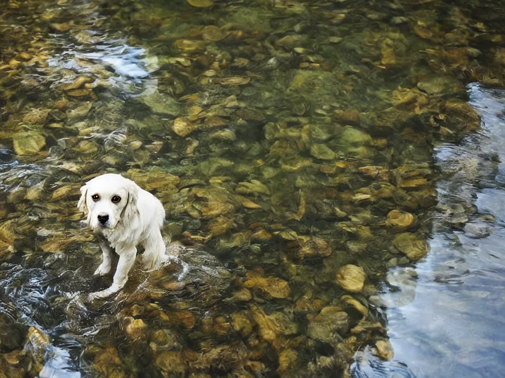 Prompt: a dog standing!!!!! in a stream!!!!!, looking down, reflection in water, ripples, beautiful!!!!!! swiss forest, photograph, character design, national geographic, soft focus