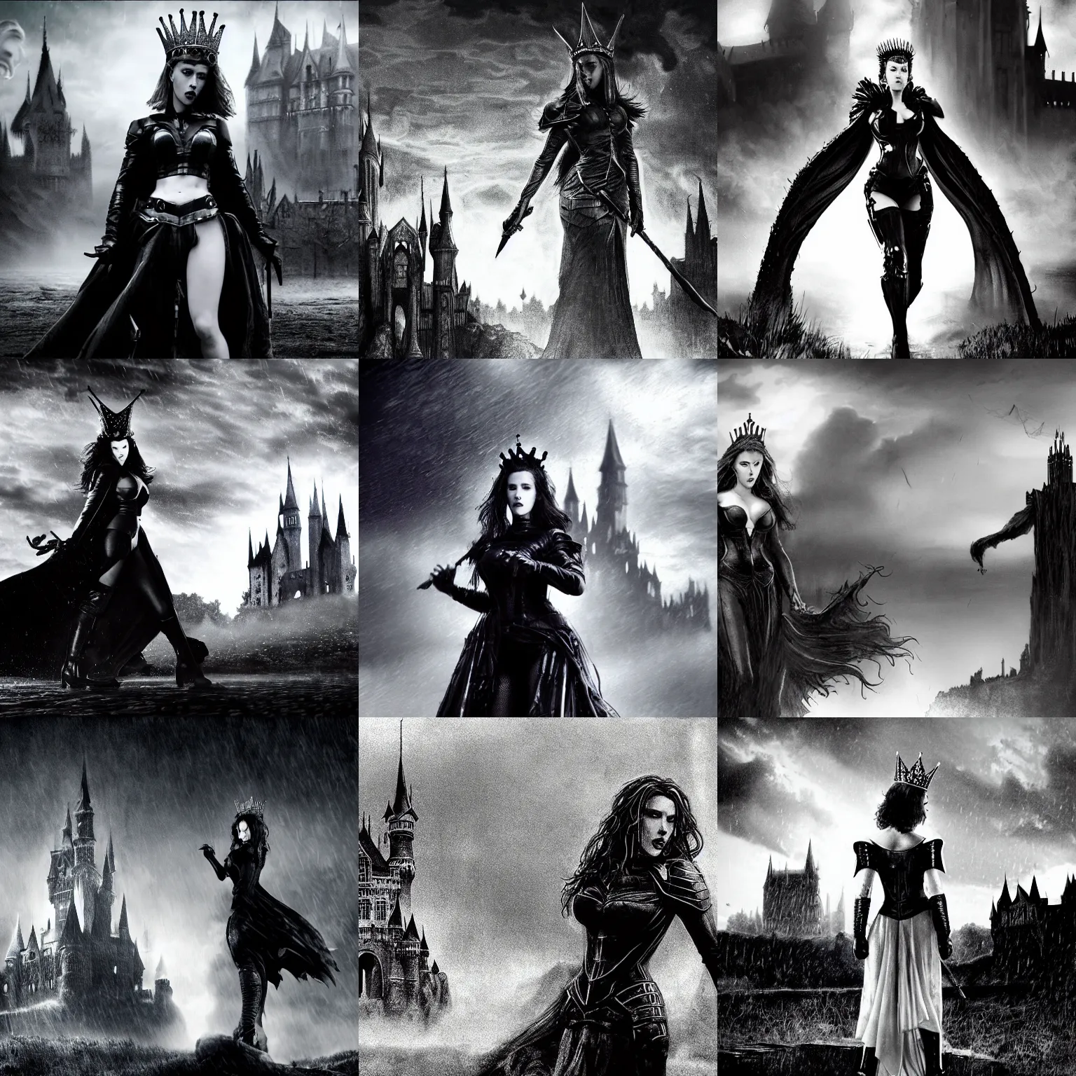 Prompt: black and white, scarlett johansson as a vampire, wearing rain soaked armour in the pouring rain, wear a crown, frank frazetta manga style, hyper realism, pencil and ink, full body walking towards camera pose, huge gothic castle in the background, at night with dramatic moonlight, cinematic effects vfx, dynamic angle