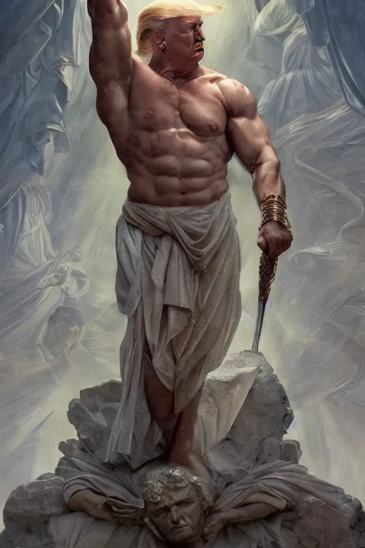 Prompt: President Donald J Trump as a Greek god, detailed face, gorgeous, amazing, muscular, fit, very muscular male body, Caesar victorious, proud Emperor , intricate, highly detailed, digital painting, artstation, concept art, sharp focus, illustration, art by greg rutkowski and alphonse mucha