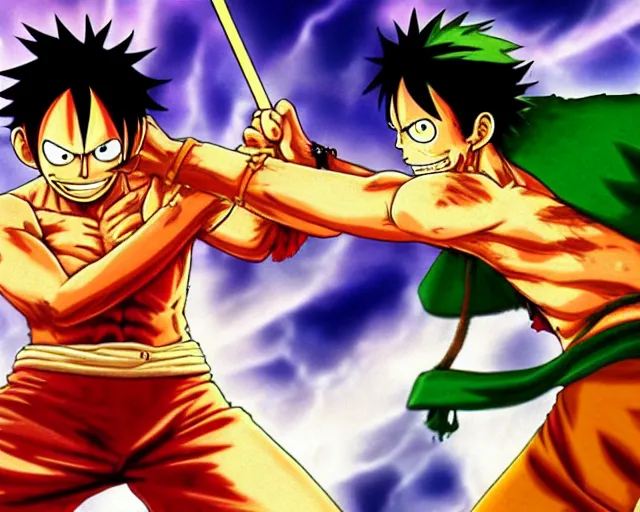 Image similar to Monkey D. Luffy and Roronoa Zoro fighting in Street Fighter III (1997)