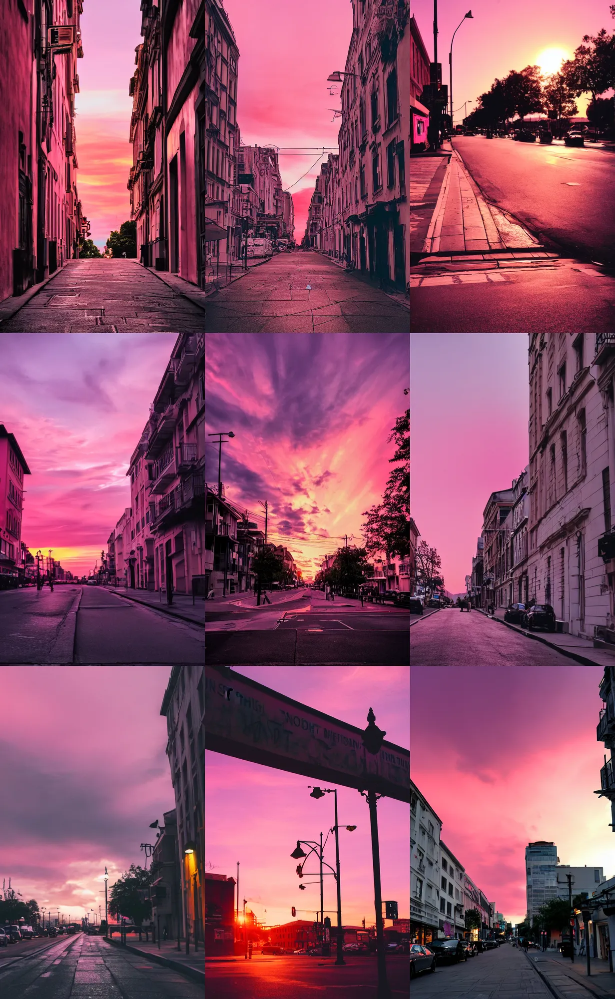 Image similar to a street photograph, pink sunset, dramatic lighting