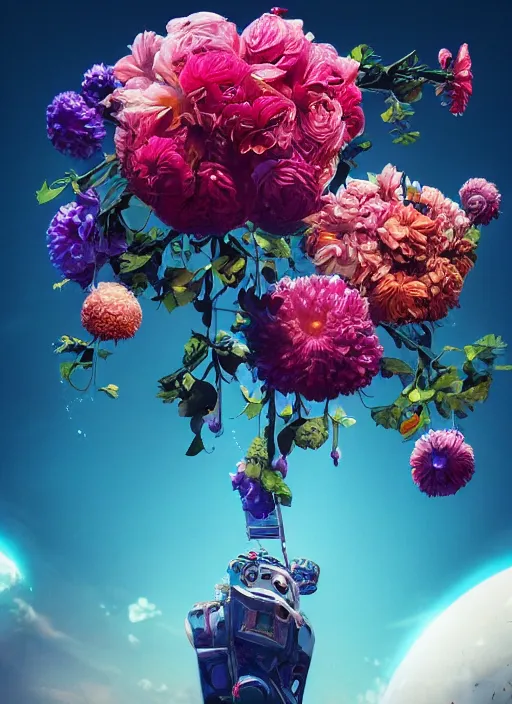 Image similar to An epic fantastic realism comic book style painting of the most beautiful flowers launched into space, bouquets, orbital,fisheye lens, unreal 5, DAZ, hyperrealistic, octane render, dynamic lighting