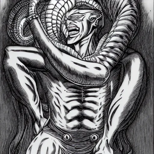 Image similar to a male naga, serpent body, kentaro miura art style