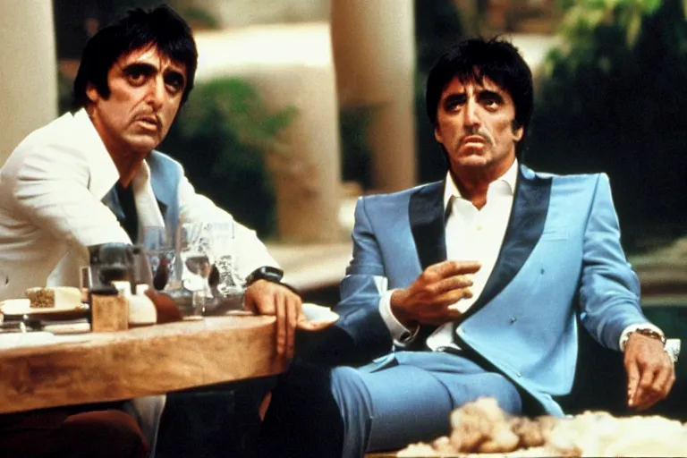 Prompt: tony montana from movie scarface 1 9 8 3 sitting at a ( big black oak table ) with ( big packages of flour ). next to the night window. ( al pacino ). perfect symmetric face, coherent eyes,, fine details, 4 k, ron cobb, cinestill