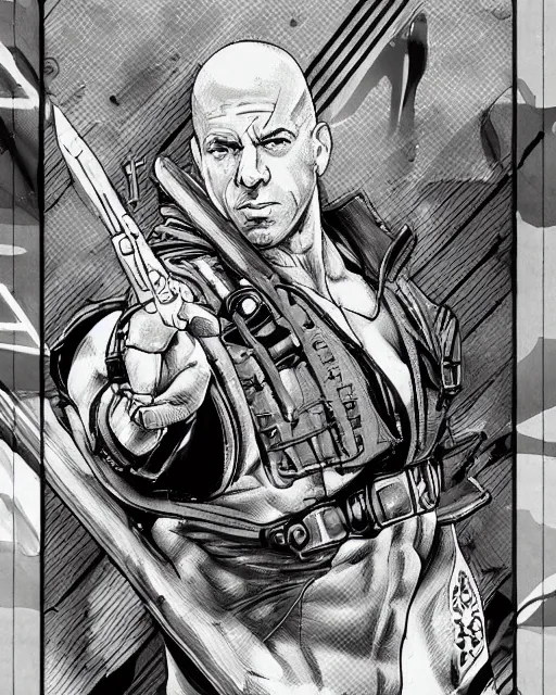Prompt: Digital color pen drawing of Vin Diesel from JoJo\'s Bizzare Adventure with a humanoid robot standing in the background, highly detailed, sharp focus, screentone shading, 1990 manga panel, trending on ArtStation, manga cover art drawn by Hirohiko Araki
