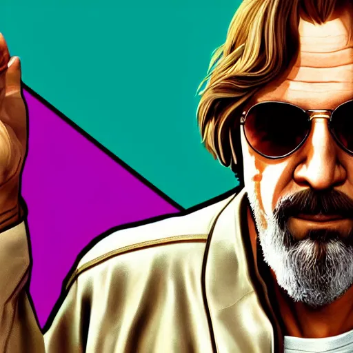 Image similar to portrait of the dude from the big lebowski, gtav cover art, highly detailed face, perfect fact