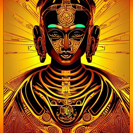 Prompt: vector line art cyberpunk cyborg Tibetan multi armed bodhisattva, golden ratio, sharp linework, clean strokes, sharp edges, flat colors, hyper realism, character design art by Joe Fenton, shepard fairey, trending on artstation