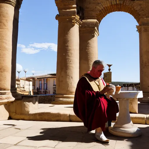 Image similar to a man wearing a roman costume drinking a coffee in alhaurin de la torre in spain