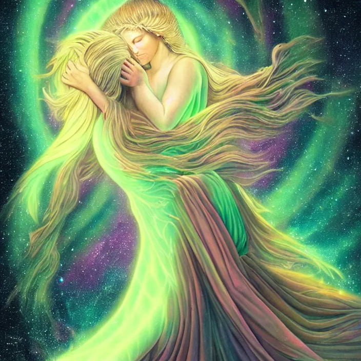 Image similar to the rise of the divine feminine goddess, bioluminescent, aurora in the universe, cosmos, divine power energy, light force, hyper - realistic, highly detailed, mystical, sharp focus, realistic, sci - fi, the awakening of the divine energy