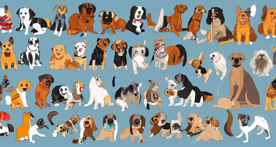 Image similar to a knolling of cartoon illustrations of dogs and cat, wimmelbuilder, superflat pop