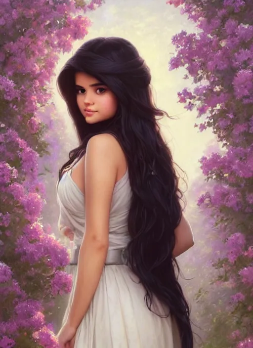 Prompt: beautiful thirty year old woman with long black hair, tan skin, curvy hourglass figure, round cute face, slight resemblance to selena gomez wearing a modest disney princess gown in a field of flowers. beautiful painting by artgerm and greg rutkowski and lois van baarle and bouguereau