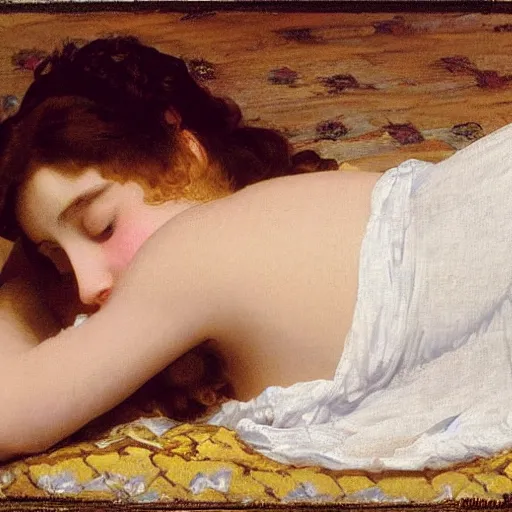 Image similar to a teenage girl lying on the floor, wearing a nightgown, by Frederic Leighton