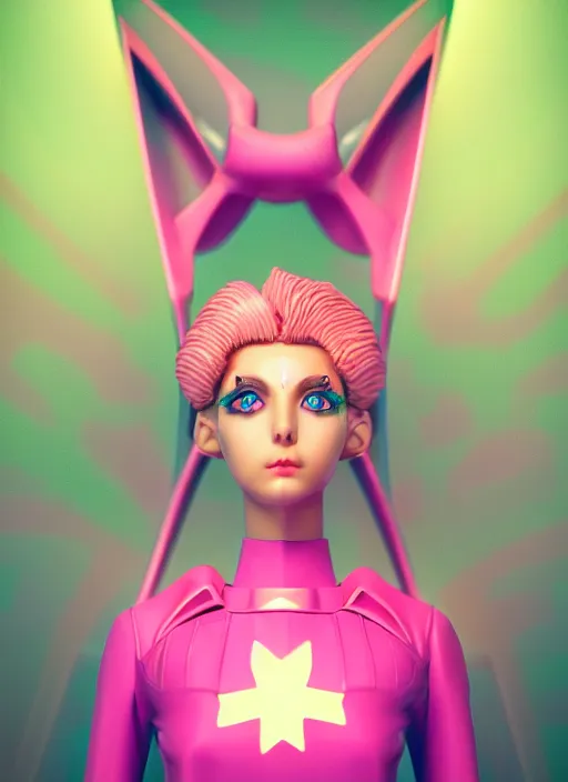 Image similar to symmetry!! portrait of a sailor moon, futuristic, dark, highly detailed, 8 0 - s style colors, sharp focus, octane render, vinyl design toy, realistic photo, studio green light on pink background