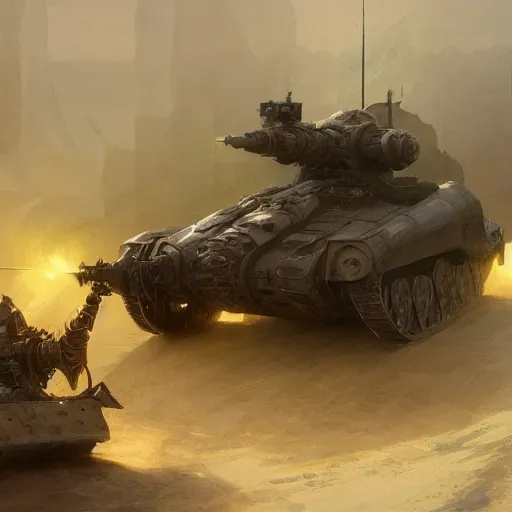 Image similar to battle tank, cinematic lighting, fantasy, warforged, intricate, highly detailed, lifelike, photorealistic, digital painting, artstation, illustration, concept art, sharp focus, art by john collier and albert aublet and krenz cushart and artem demura and alphonse mucha