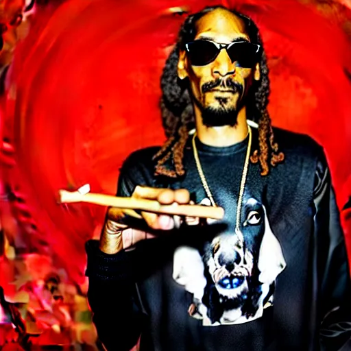 Image similar to Snoop Dog with big eyes eye color red , smiling and holding a joint in his hand