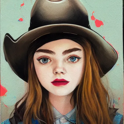 Prompt: Elle Fanning wearing a bandana and cowboy hat picture by Sachin Teng, asymmetrical, dark vibes, Realistic Painting , Organic painting, Matte Painting, geometric shapes, hard edges, graffiti, street art:2 by Sachin Teng:4