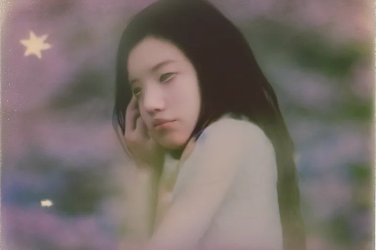 Image similar to blured shadow of sleepy young woman on white light, focused background blue night sky with stars, blossom sakura, polaroid photo