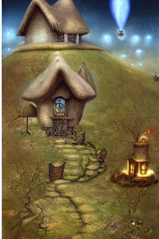 Image similar to beautiful matte painting of a cottage on a hill whimsical by brian froud and bridget bate tichenor with glowing spiral