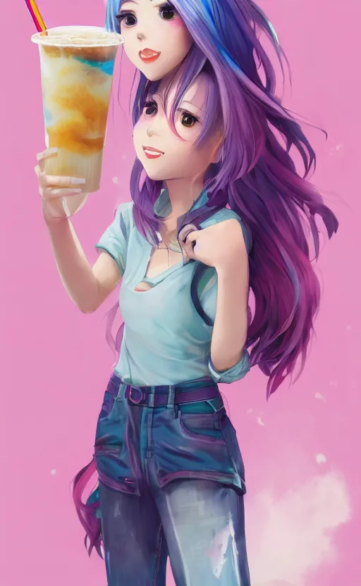 Image similar to a kawaii woman with rainbow hair, happy, summer time, holding boba tea drink, soft eyes and narrow chin, dainty figure, long hair straight down, kawaii shirt and jeans, basic white background, In style of by Jordan Grimmer and greg rutkowski, crisp lines and color