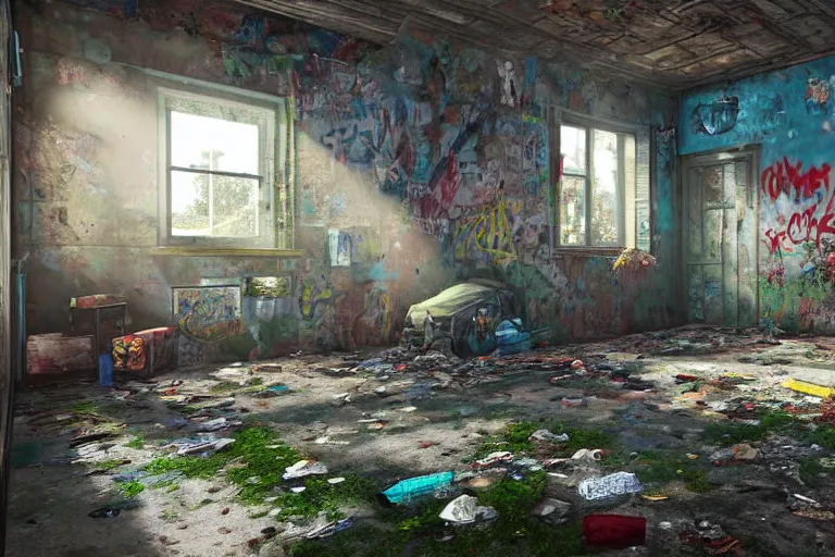 Image similar to perspective shot of a grungy derelict georgian manor interior with colourful graffiti on the walls and garbage scattered on the floor, reclaimed by nature in the style of last of us, trending on cgsociety, high detail, cinematic lighting, 8k, rendered in unreal engine