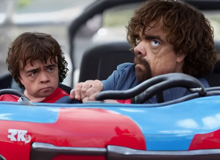 Image similar to peter dinklage racing gary coleman driving a little tikes cars, movie still, from the new fast and furious movie, 8 k, realistic