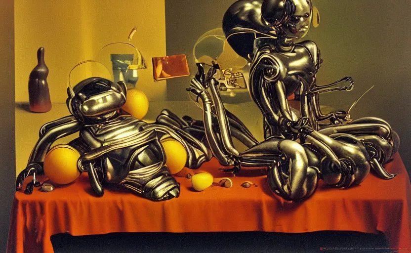 Prompt: strange seductive futuristic robot body, enticing colorful oil painting dutch golden age vanitas longing sensual still life sparse composition with bulbous objects strange gooey transparent surfaces shiny metal reflections bizarre mutant meat insects rachel ruysch dali todd schorr very detailed perfect composition rule of thirds masterpiece canon 5 0 mm, cinematic lighting, photography, retro, film, kodachrome