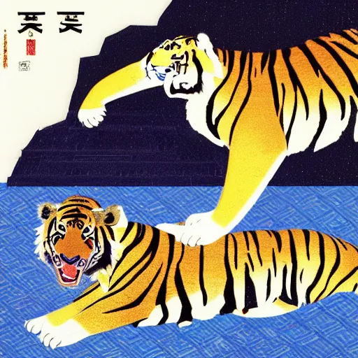 Image similar to a delorean protecting a tiger, japanese magazine collage, art by hsiao - ron cheng and utagawa kunisada