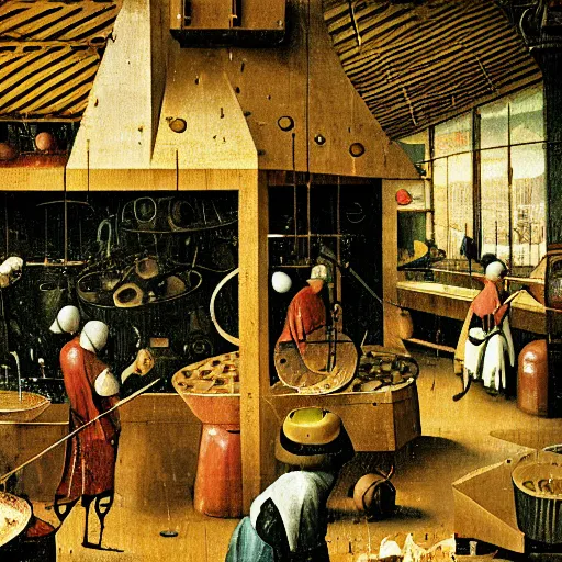 Image similar to inside a waffle making factory by hieronymus bosch, happy chef, highly detailed, colorful