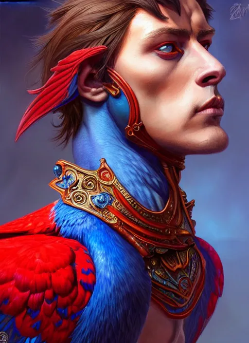 Image similar to portrait of aggressive pigeon humanoid, d & d, muscular! blue and red, fantasy, intricate, elegant, highly detailed, digital painting, artstation, concept art, smooth, sharp focus, illustration, art by artgerm and greg rutkowski and alphonse mucha