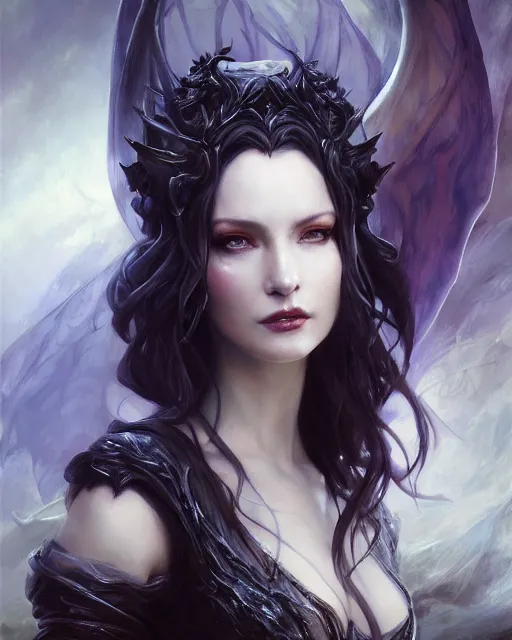 Prompt: daniel gerhartz and artgerm detailed portrait digital rococo painting of a beautiful serious villainess wearing fantasy clothing like liliana vess, villainess has black angel wings, evil mood, hellish battlefield in the background, embers flying, unreal engine, hyper realism, realistic shading, cinematic composition, blender render, octane render, detailed textures, photorealistic, ultrawide shot