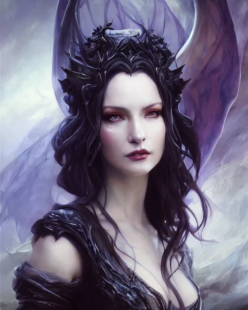 Image similar to daniel gerhartz and artgerm detailed portrait digital rococo painting of a beautiful serious villainess wearing fantasy clothing like liliana vess, villainess has black angel wings, evil mood, hellish battlefield in the background, embers flying, unreal engine, hyper realism, realistic shading, cinematic composition, blender render, octane render, detailed textures, photorealistic, ultrawide shot