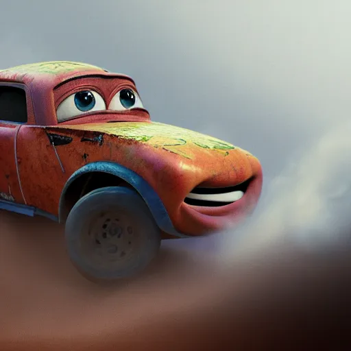 Prompt: tow mater and lightning mcqueen smoke dmt out of tinfoil, ethereal world, 8k, cgsociety, octane