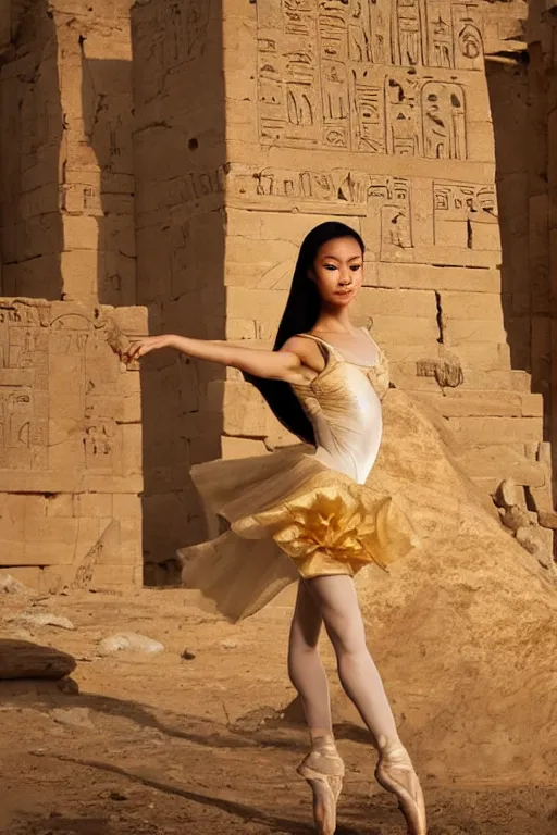 Prompt: stunningly beautiful, filipina prima ballerina in egyptian ruins, symmetrical face, golden hour, smooth, focus, highly detailed, hyper realistic, dramatic lighting, elegant, intricate, concept art, art by wlop, mars ravelo, greg rutowski, artstation