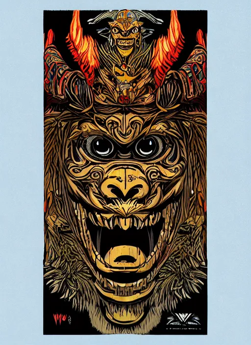 Image similar to barong family member, wiwek, mara demon, one single tribe member, jungle, one single mask, dark, ancient warrior mask, gorilla mask, lizard tongue, tribals, art by dan mumford