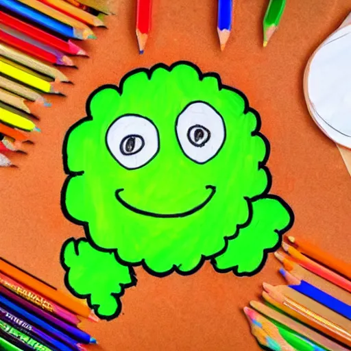 Image similar to a children's drawing of a smiling happy broccoli, he is dancing, vivid bright colors, color pencils are scattered around on the paper