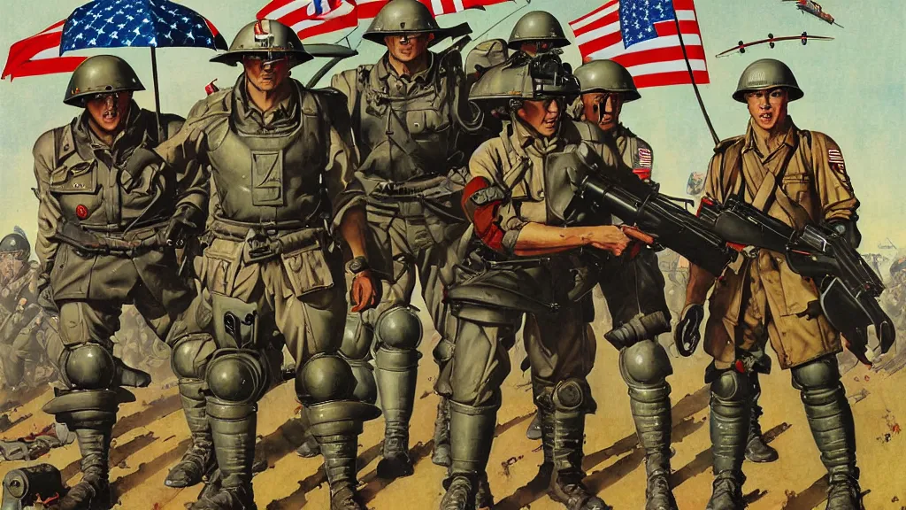 Prompt: America and Japan fight WWII with mechs, in the style of Norman Rockwell, sci-fi illustrations, propaganda poster, highly detailed, intricate, photorealistic, award-winning, patriotic, dark, gritty, oil painting
