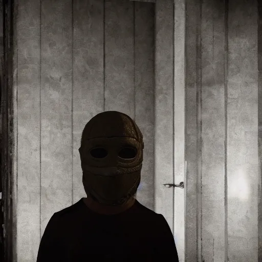 Prompt: creepy Liminal interior of RE7, masked person in corner, in the style of 35mm photography