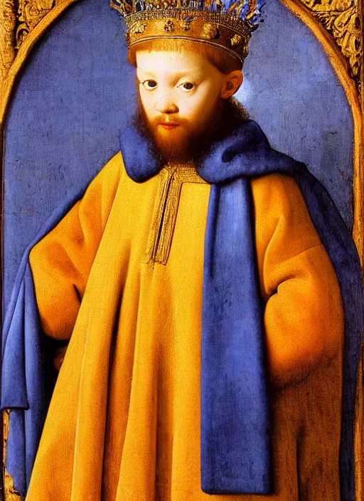 Prompt: portrait of a young king with a crown, medieval painting by Jan van Eyck, Johannes Vermeer, Florence