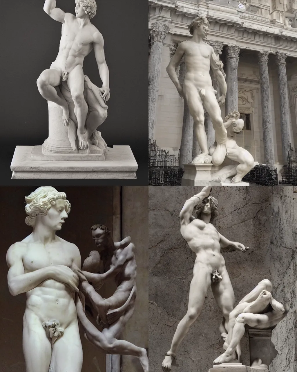 Prompt: A marble statue of a beautiful young man posing seductively by michelangelo