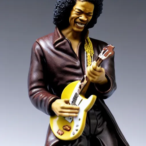 Image similar to a porcelain figurine of jimmy hendrix playing the guitar, product shot