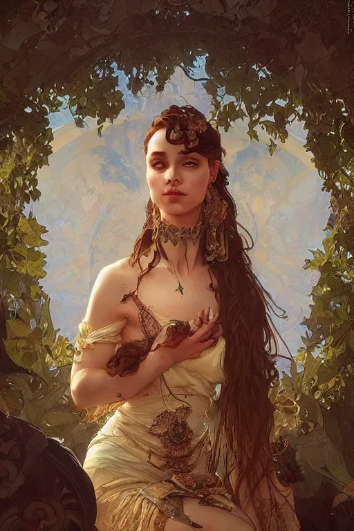 Image similar to beautiful natural renaissance gypsy, intricate, elegant, highly detailed, digital painting, artstation, concept art, smooth, sharp focus, illustration, art by artgerm and greg rutkowski and alphonse mucha