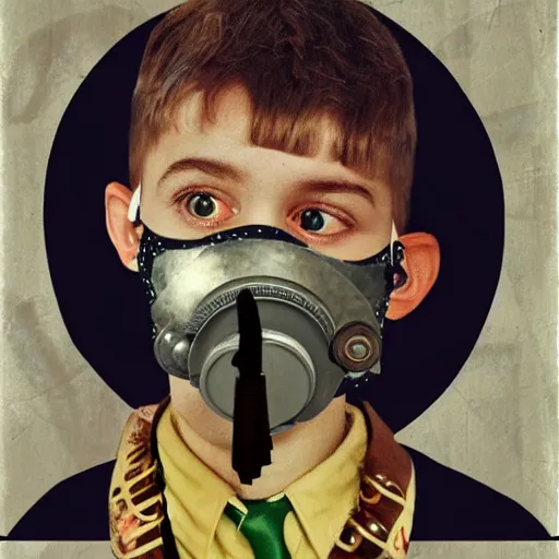 Prompt: steampunk boy, complex mask, collage in the style of hannah hoch